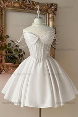 Pink Sweetheart Corset A-Line Mini Homecoming Dress Pearl Straps & Lace Bodice