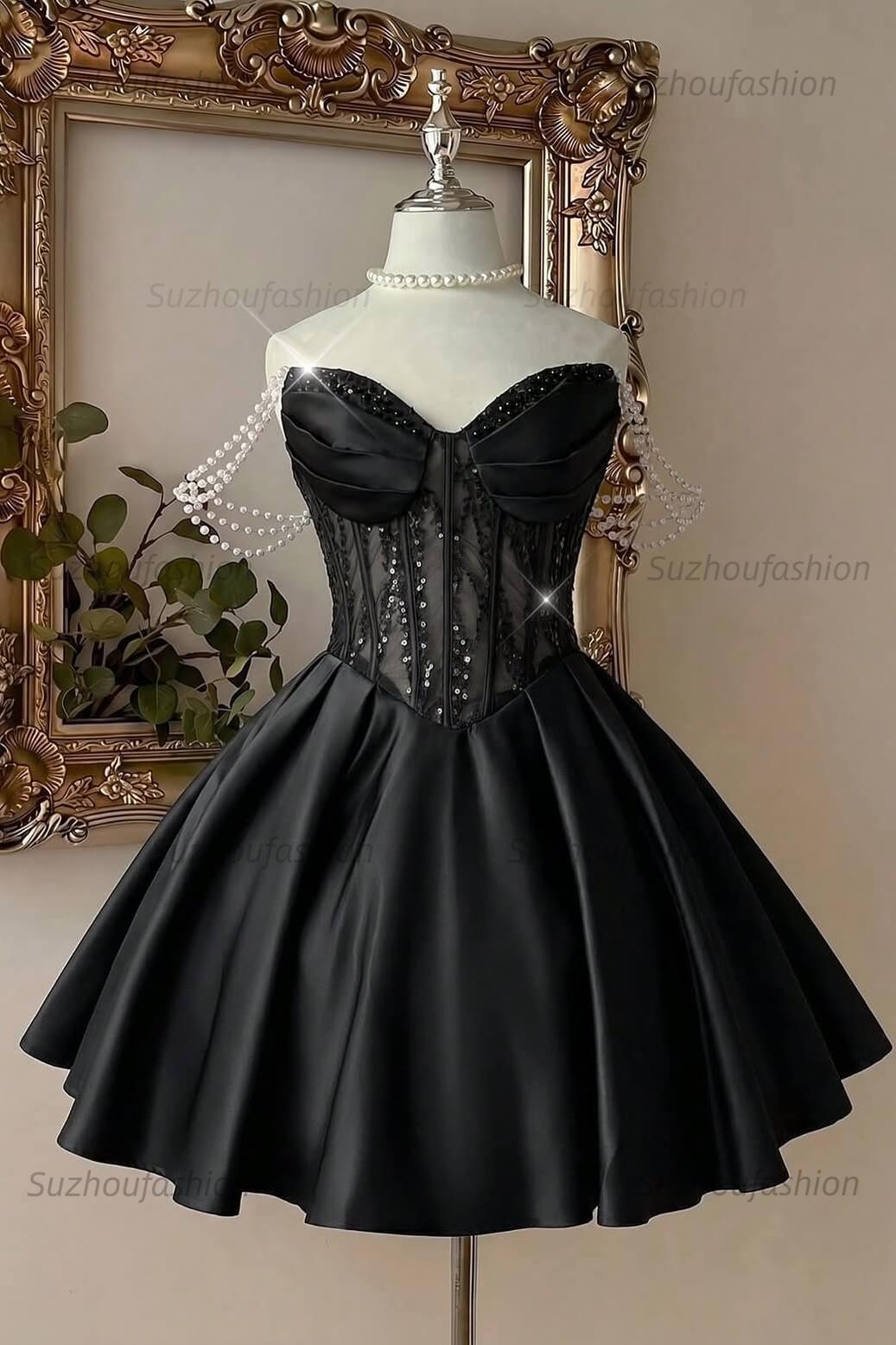 Pink Sweetheart Corset A-Line Mini Homecoming Dress Pearl Straps & Lace Bodice