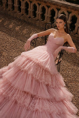 Pink Tulle A Line Prom Dress with Tiered Ruffles and Lace Trim