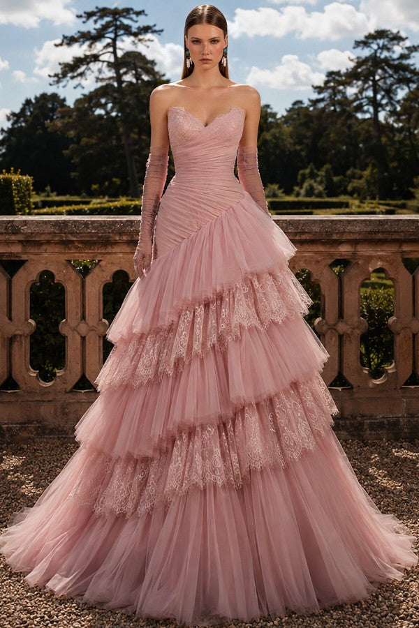 Pink Tulle A Line Prom Dress with Tiered Ruffles and Lace Trim
