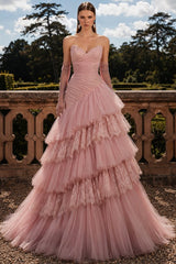 Pink Tulle A Line Prom Dress with Tiered Ruffles and Lace Trim