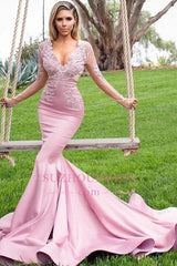 Pink V-Neck Mermaid Evening Dresses | Appliques Long-Sleeves Prom Dresses