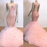 Pink V-Neck Sleeveless Prom Dresses Mermaid Open Back Lace Evening Dress