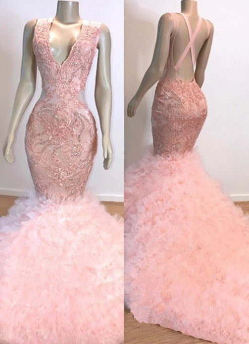 Pink V-Neck Sleeveless Prom Dresses Mermaid Open Back Lace Evening Dress