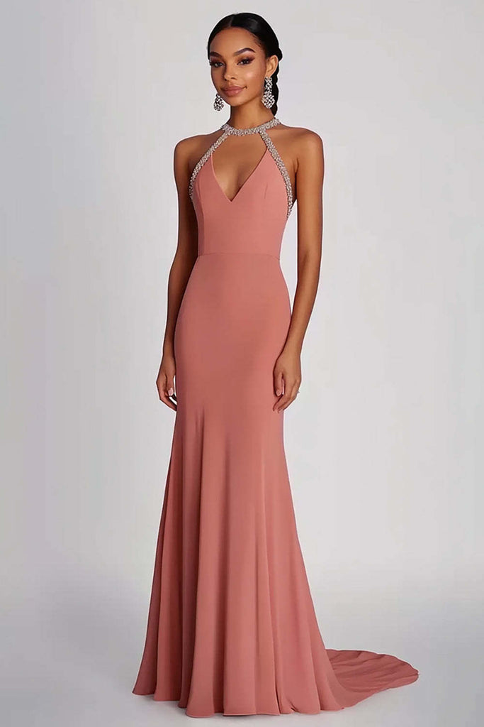 pink halter neck wedding guest dress Women's Halter Neck Maxi Wedding Guest Dress - Pink / L - Fashion