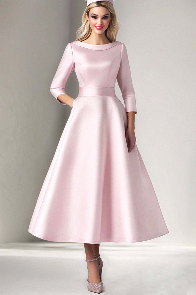 Suzhoufashion Pink Wedding Guest Dress Satin A Line Tea Length Formal Dress With 3/4 Sleeves Suzhoufashion Pink Wedding Guest Dress Satin A Line Tea Length Formal Dress With 3/4 Sleeves