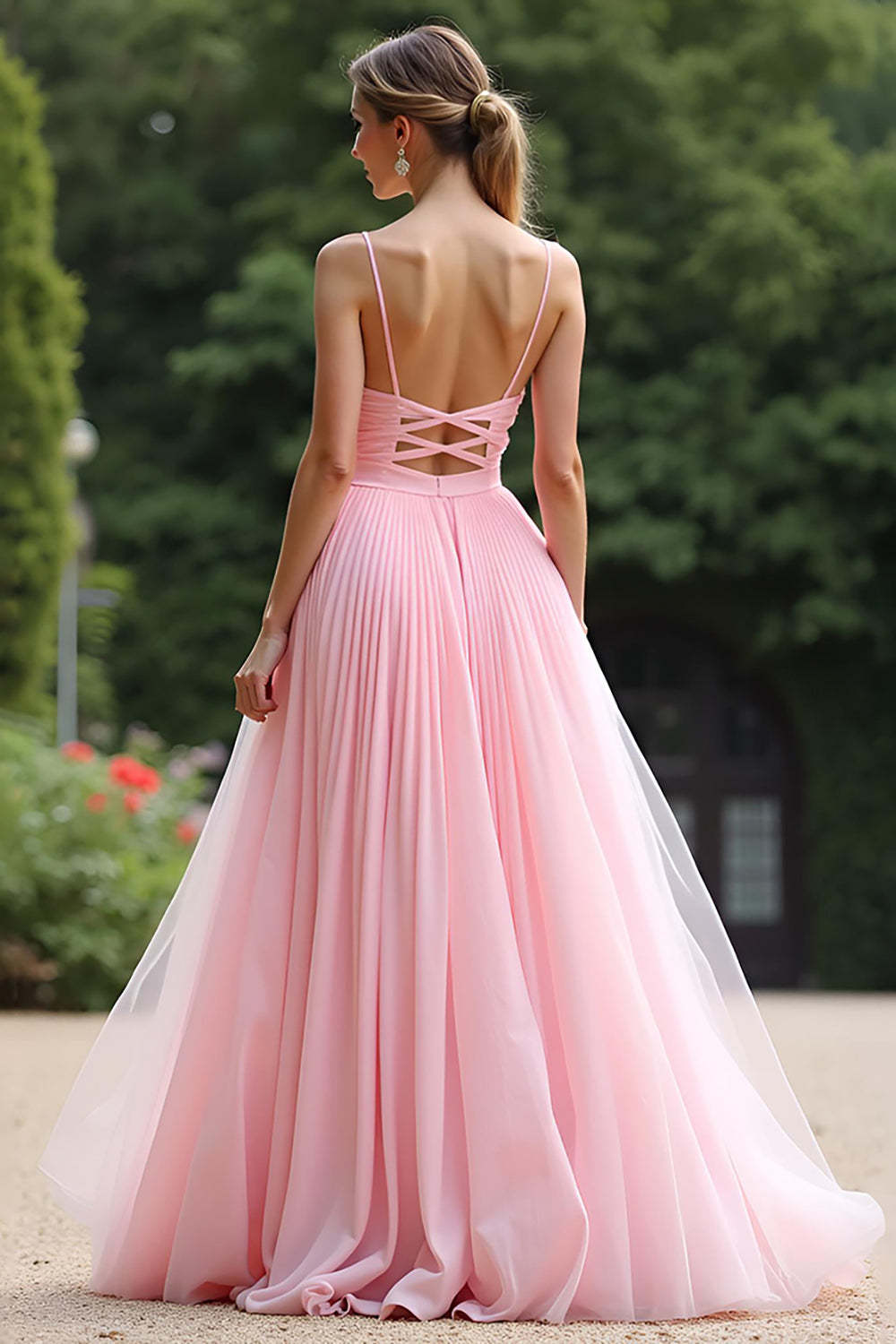 Pink Wedding Guest Dress V-Neck A Line Ruched Long Formal Dress