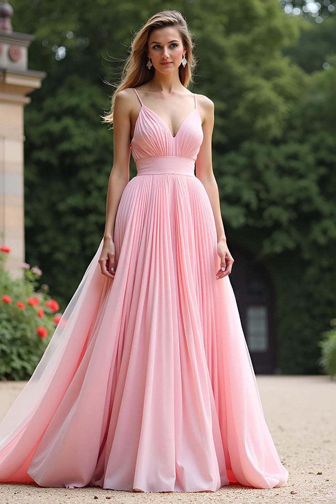 open lace back dress Zapaka Women Blush Pink Bridesmaid Dress Spaghetti Straps A Line Pleated Long Wedding Guest Dress, Blush Pink / US26W