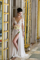 Plunging Neck Long Sleeve Summer Beach Wedding Dress Chiffon Split Beach Bridal Gowns