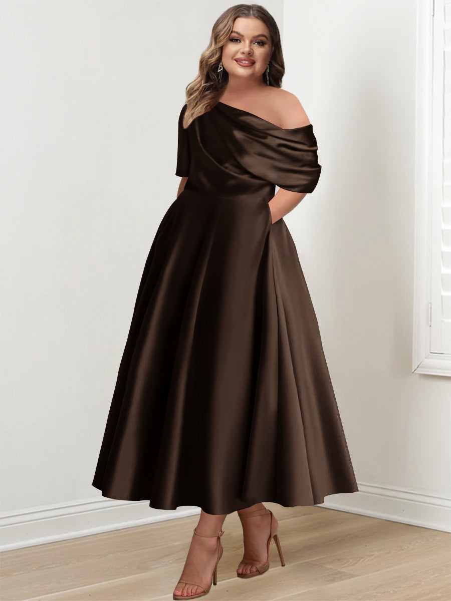 Plus Size A Line Ankle Length One Shoulder Mother of the Bride Dress with Ruffles and Half Sleeves