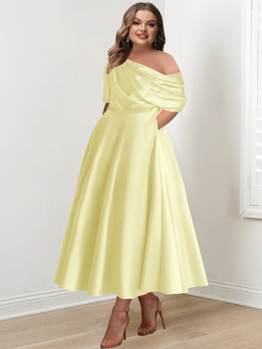 Plus Size A Line Ankle Length One Shoulder Mother of the Bride Dress with Ruffles and Half Sleeves