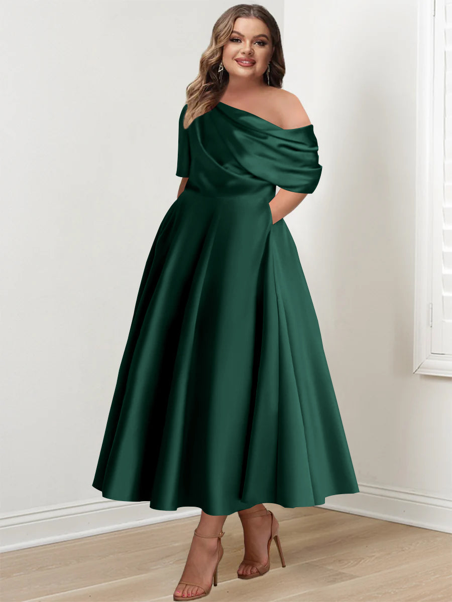 Plus Size A Line Ankle Length One Shoulder Mother of the Bride Dress with Ruffles and Half Sleeves