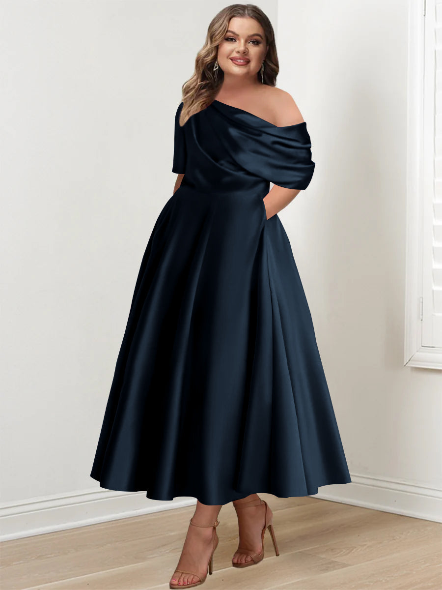 Plus Size A Line Ankle Length One Shoulder Mother of the Bride Dress with Ruffles and Half Sleeves