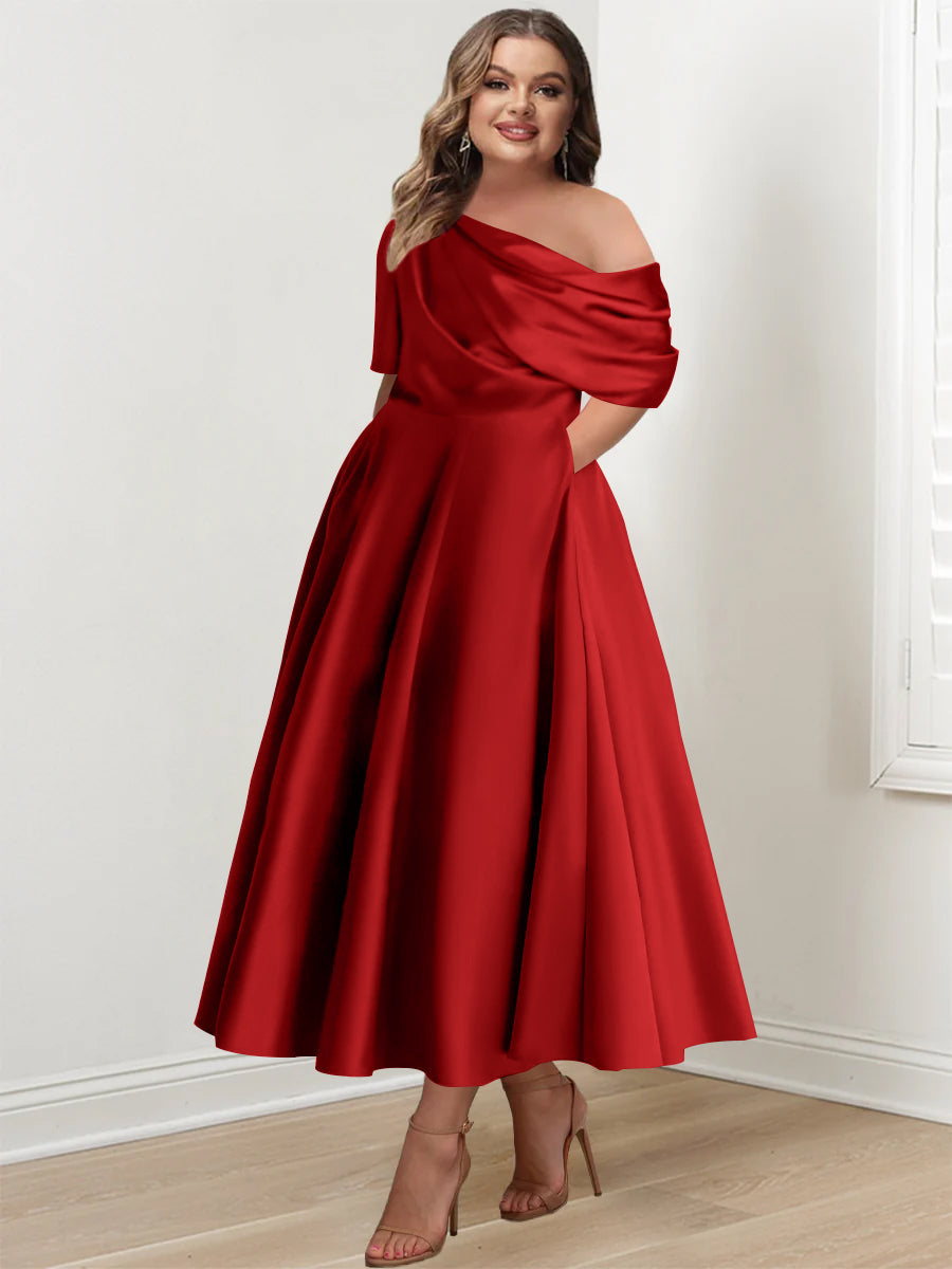 Plus Size A Line Ankle Length One Shoulder Mother of the Bride Dress with Ruffles and Half Sleeves