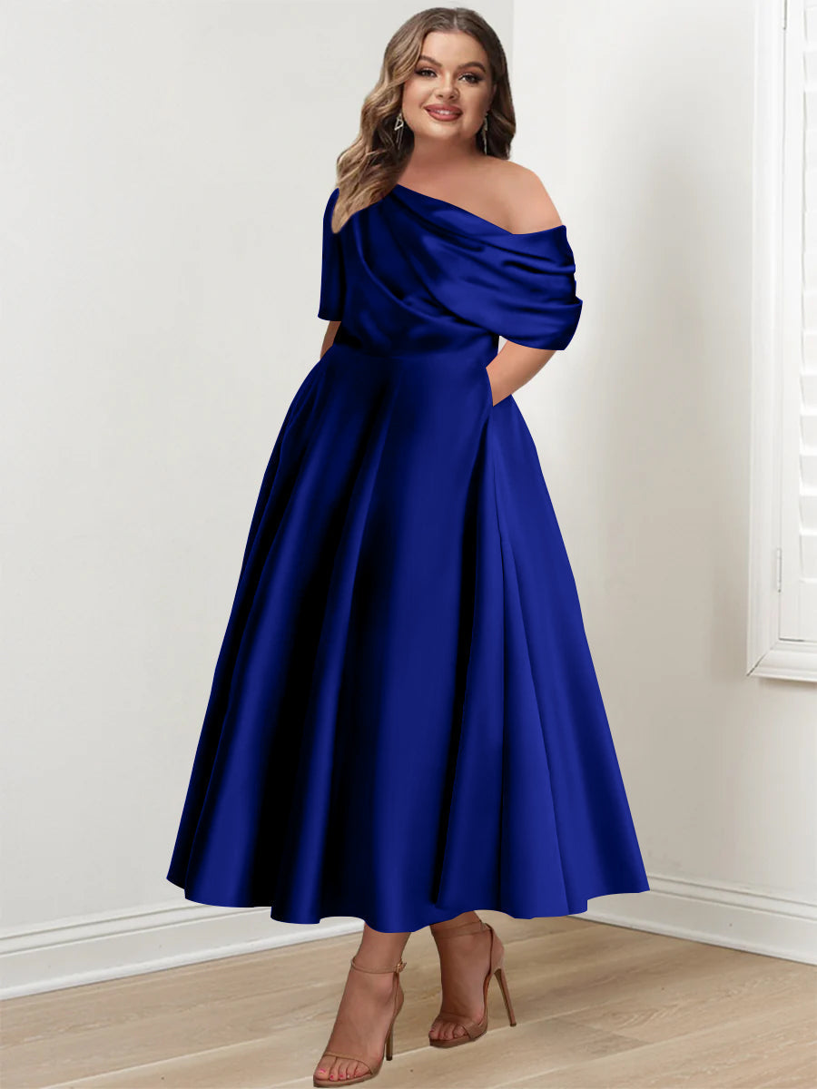 Plus Size A Line Ankle Length One Shoulder Mother of the Bride Dress with Ruffles and Half Sleeves