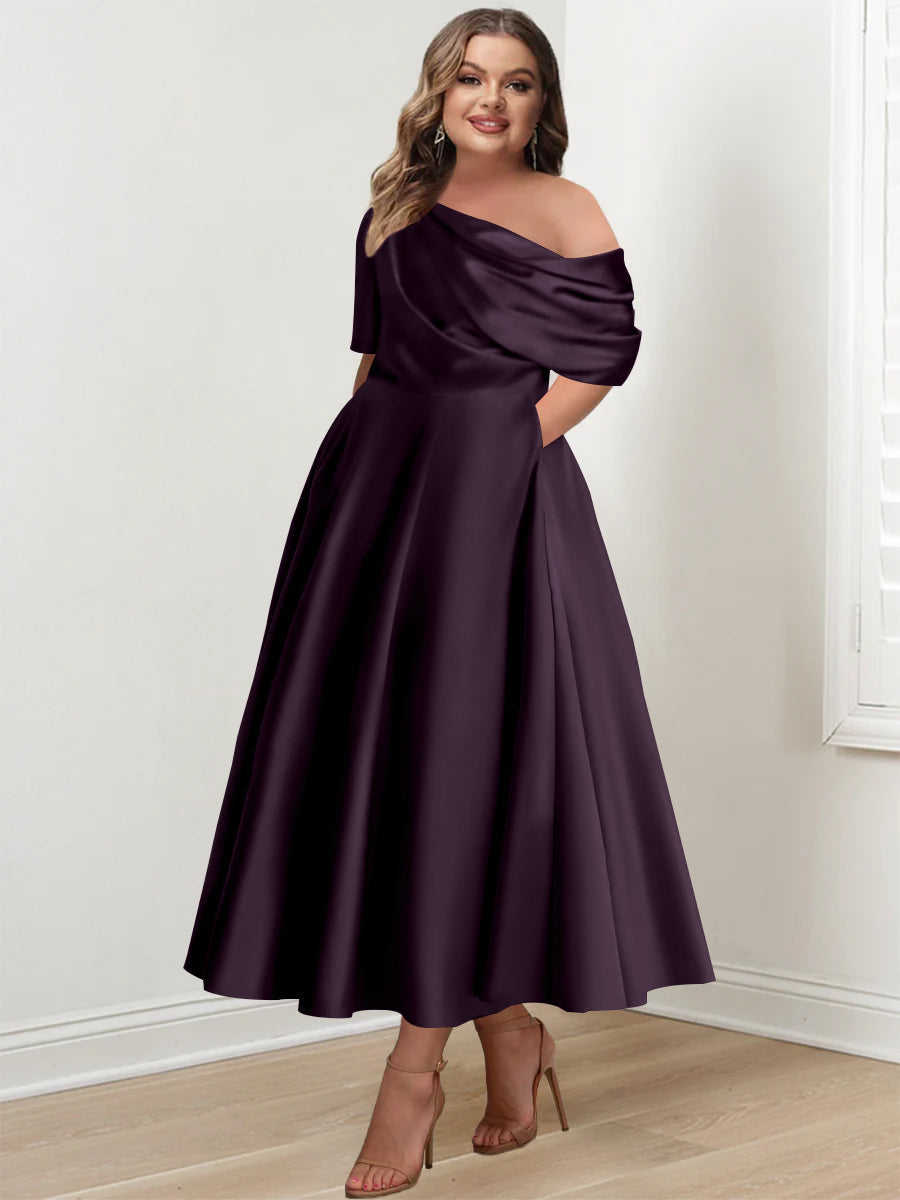 Plus Size A Line Ankle Length One Shoulder Mother of the Bride Dress with Ruffles and Half Sleeves