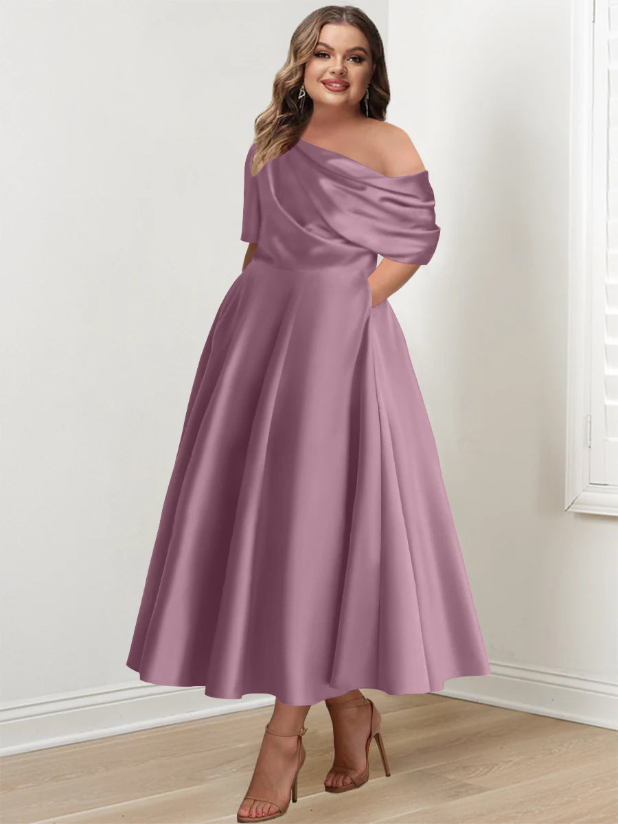 Plus Size A Line Ankle Length One Shoulder Mother of the Bride Dress with Ruffles and Half Sleeves