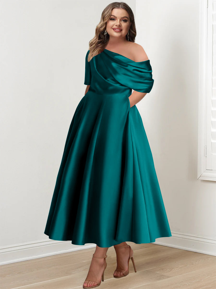 Plus Size A Line Ankle Length One Shoulder Mother of the Bride Dress with Ruffles and Half Sleeves