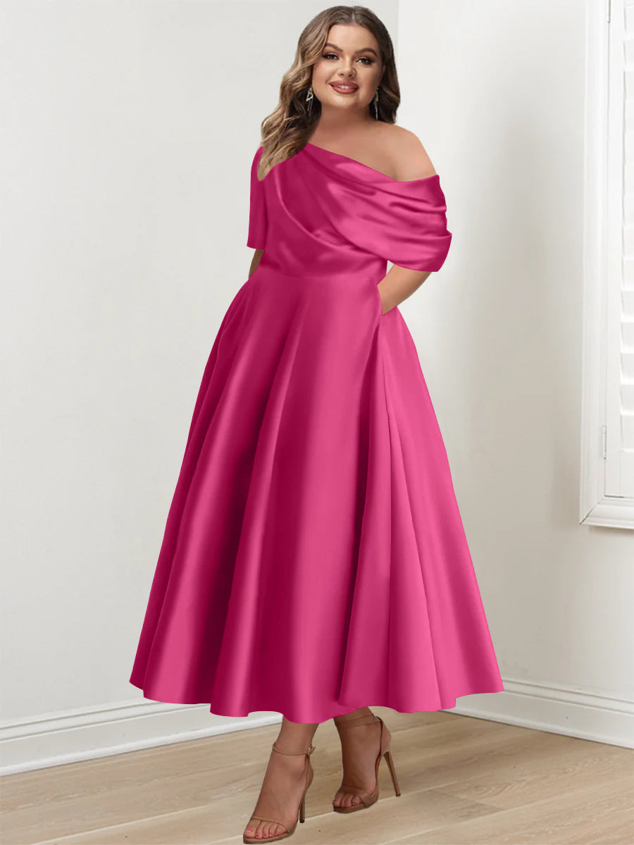 Plus Size A Line Ankle Length One Shoulder Mother of the Bride Dress with Ruffles and Half Sleeves