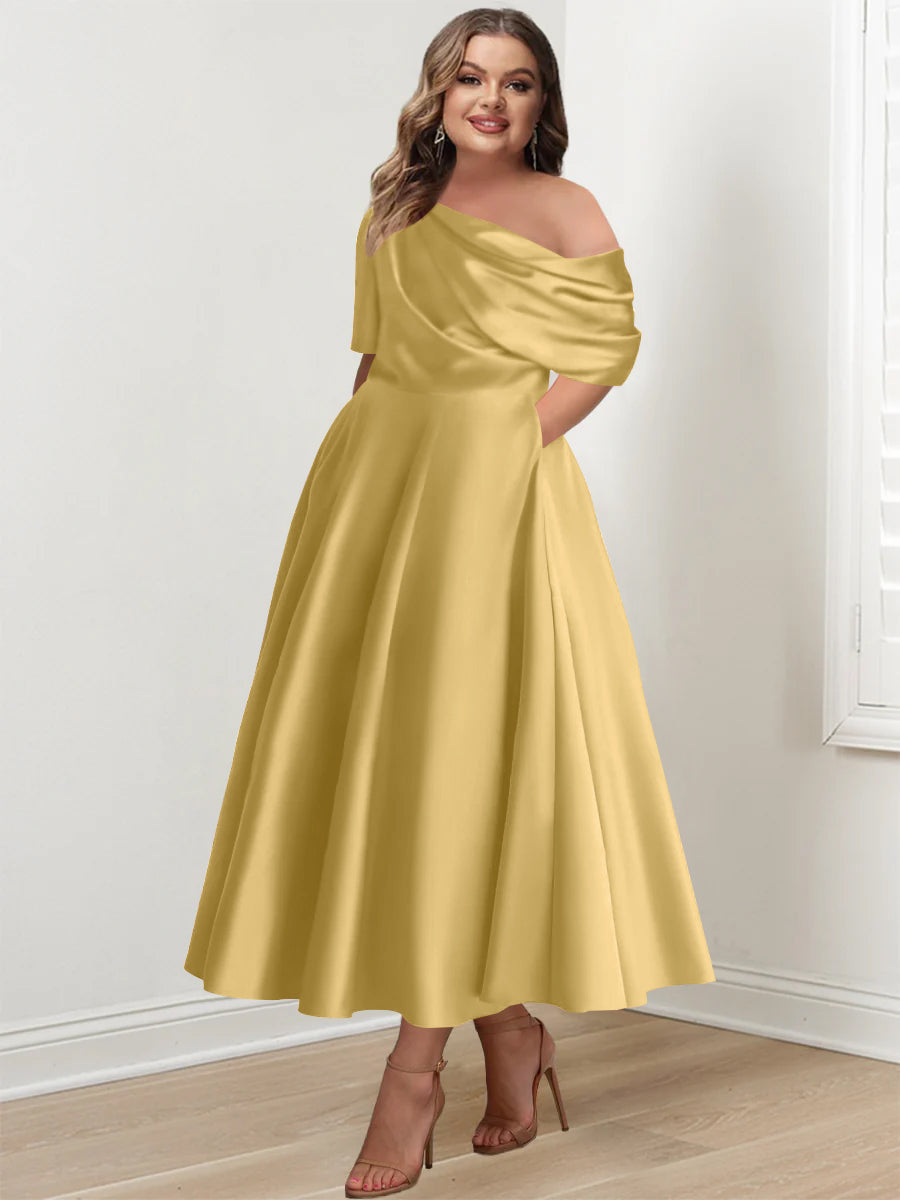 Plus Size A Line Ankle Length One Shoulder Mother of the Bride Dress with Ruffles and Half Sleeves