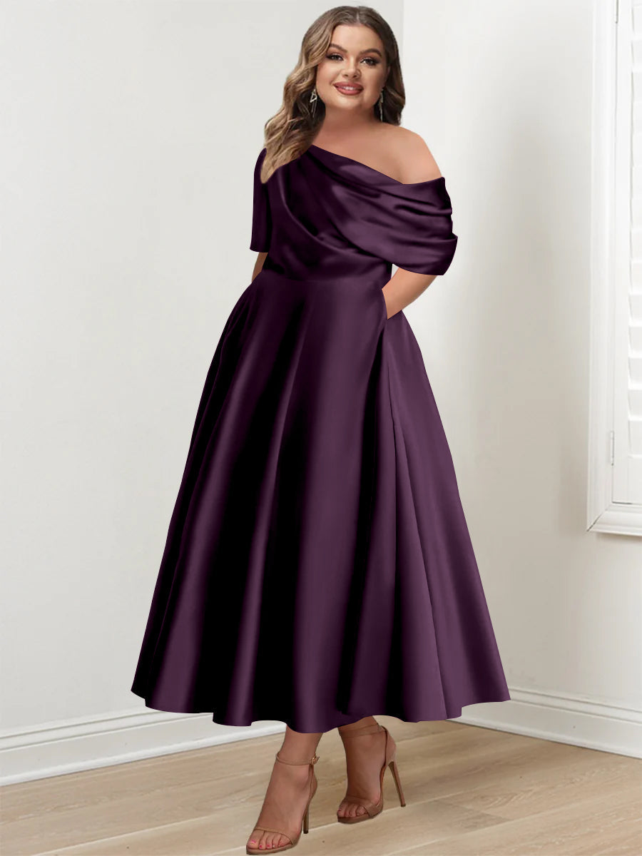 Plus Size A Line Ankle Length One Shoulder Mother of the Bride Dress with Ruffles and Half Sleeves