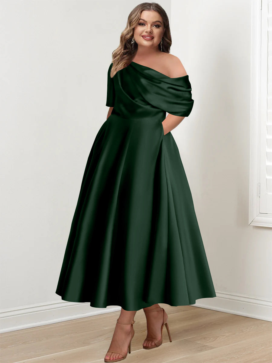 Plus Size A Line Ankle Length One Shoulder Mother of the Bride Dress with Ruffles and Half Sleeves