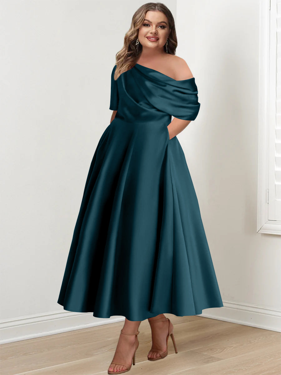 Plus Size A Line Ankle Length One Shoulder Mother of the Bride Dress with Ruffles and Half Sleeves