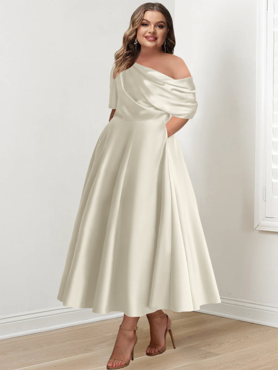 Plus Size A Line Ankle Length One Shoulder Mother of the Bride Dress with Ruffles and Half Sleeves