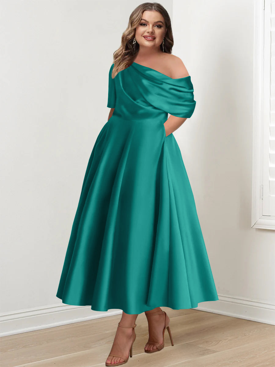 Plus Size A Line Ankle Length One Shoulder Mother of the Bride Dress with Ruffles and Half Sleeves