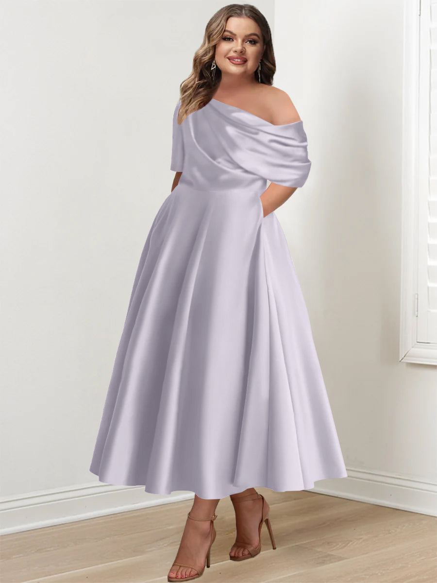Plus Size A Line Ankle Length One Shoulder Mother of the Bride Dress with Ruffles and Half Sleeves