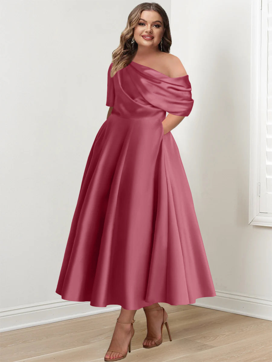 Plus Size A Line Ankle Length One Shoulder Mother of the Bride Dress with Ruffles and Half Sleeves
