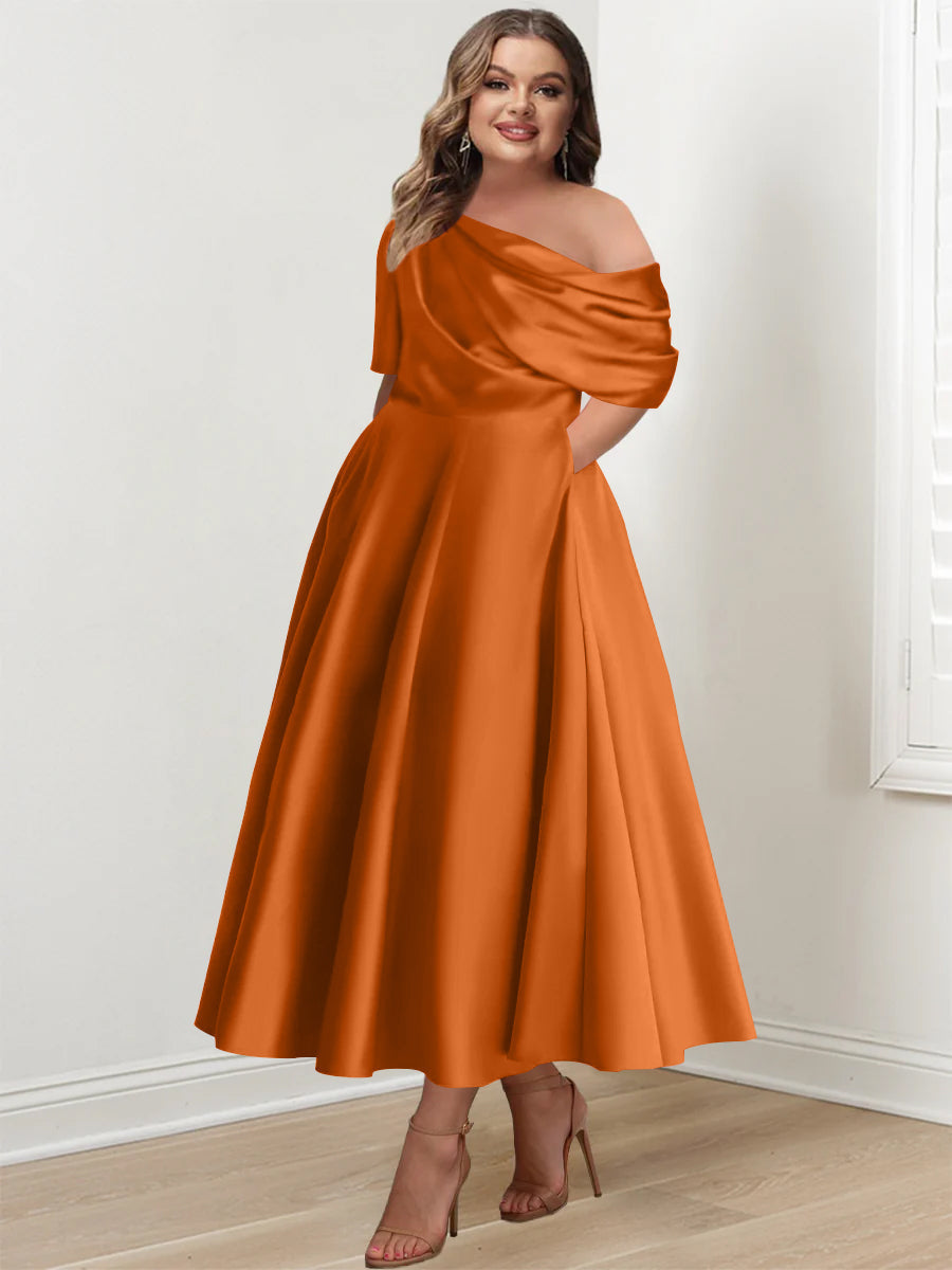 Plus Size A Line Ankle Length One Shoulder Mother of the Bride Dress with Ruffles and Half Sleeves