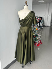 Plus Size A Line Ankle Length One Shoulder Mother of the Bride Dress with Ruffles and Half Sleeves