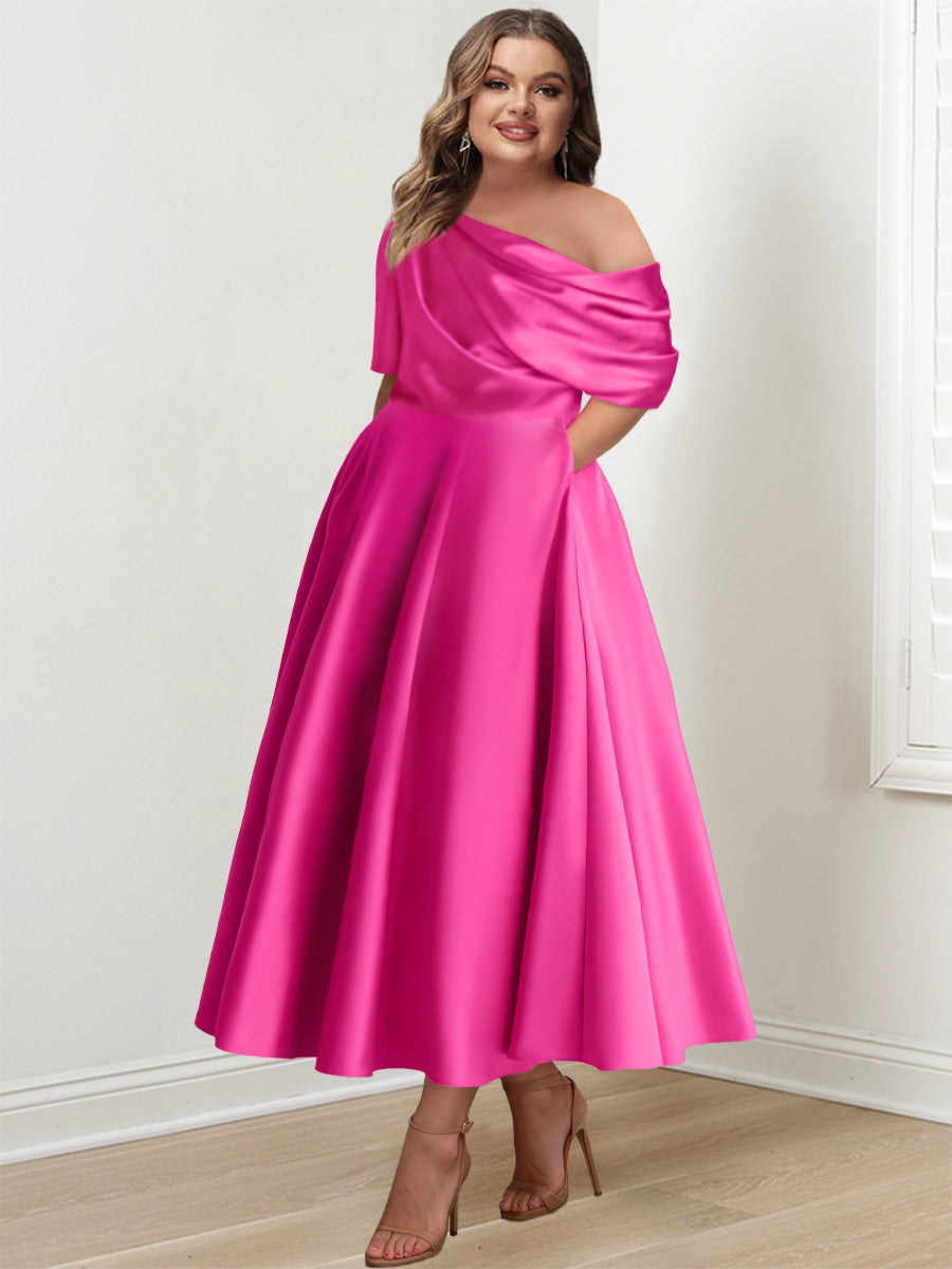 Plus Size A Line Ankle Length One Shoulder Mother of the Bride Dress with Ruffles and Half Sleeves