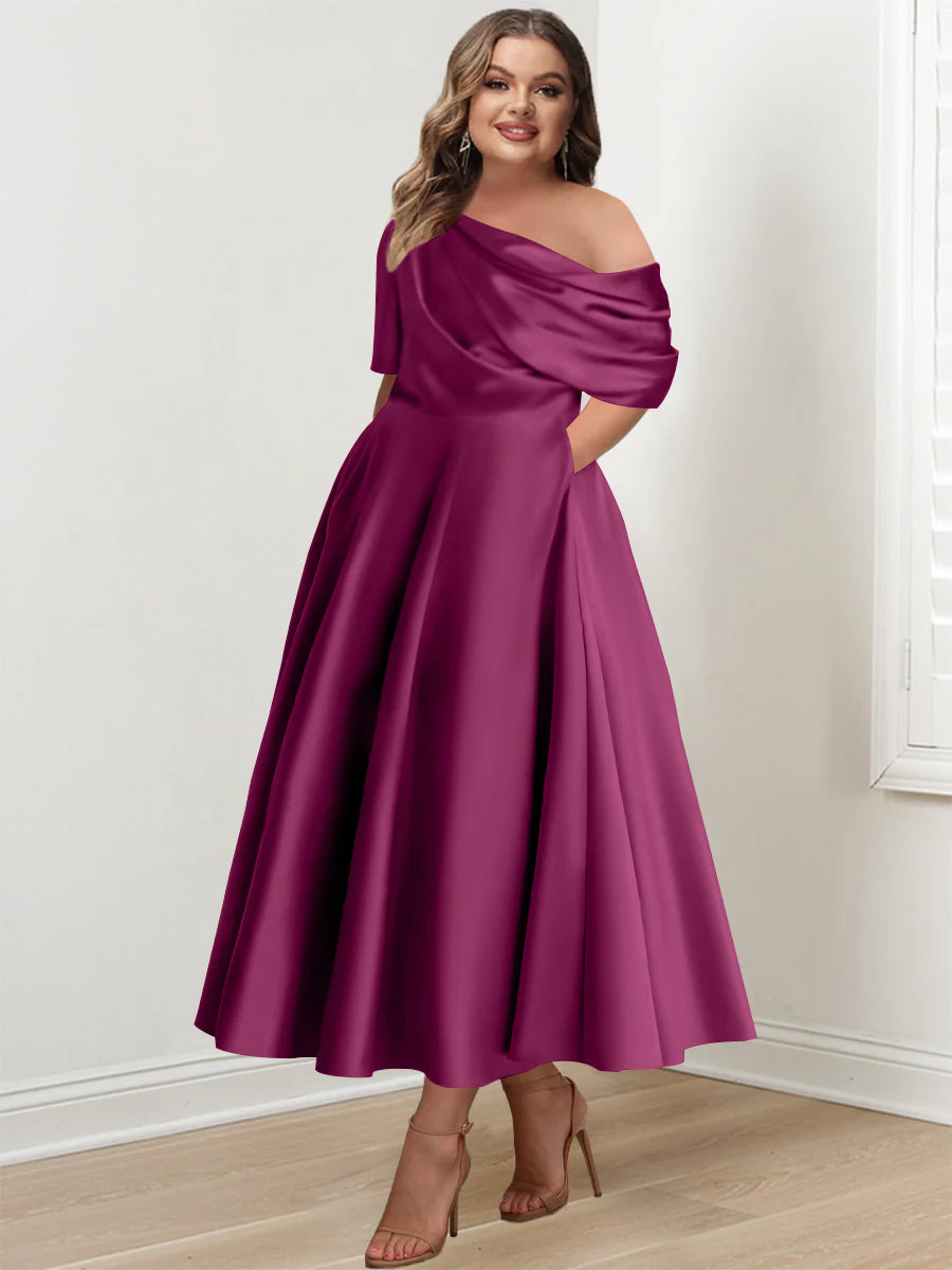 Plus Size A Line Ankle Length One Shoulder Mother of the Bride Dress with Ruffles and Half Sleeves