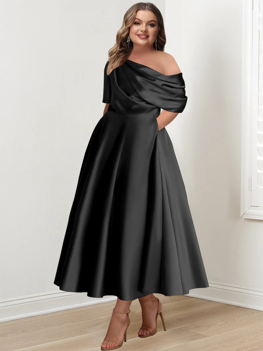 Plus Size A Line Ankle Length One Shoulder Mother of the Bride Dress with Ruffles and Half Sleeves