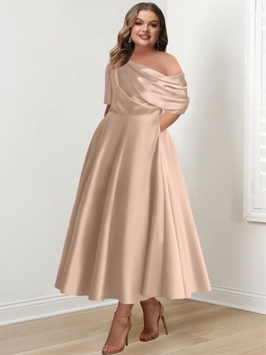 Plus Size A Line Ankle Length One Shoulder Mother of the Bride Dress with Ruffles and Half Sleeves
