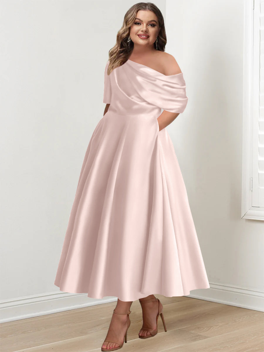 Plus Size A Line Ankle Length One Shoulder Mother of the Bride Dress with Ruffles and Half Sleeves