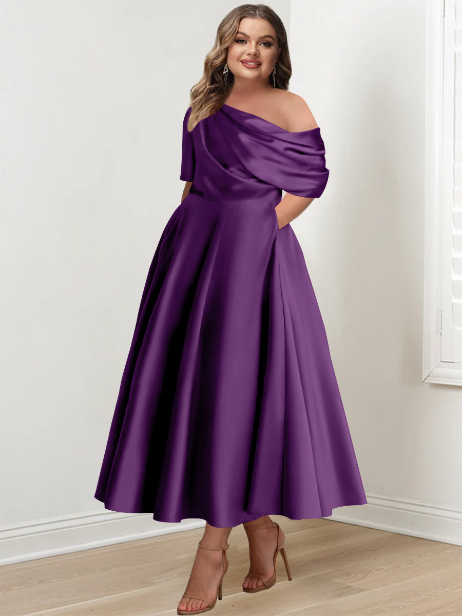 Plus Size A Line Ankle Length One Shoulder Mother of the Bride Dress with Ruffles and Half Sleeves