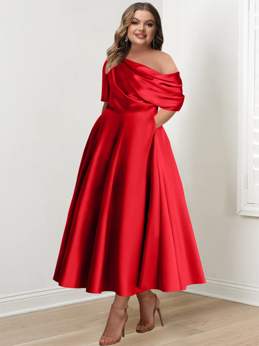 Plus Size A Line Ankle Length One Shoulder Mother of the Bride Dress with Ruffles and Half Sleeves