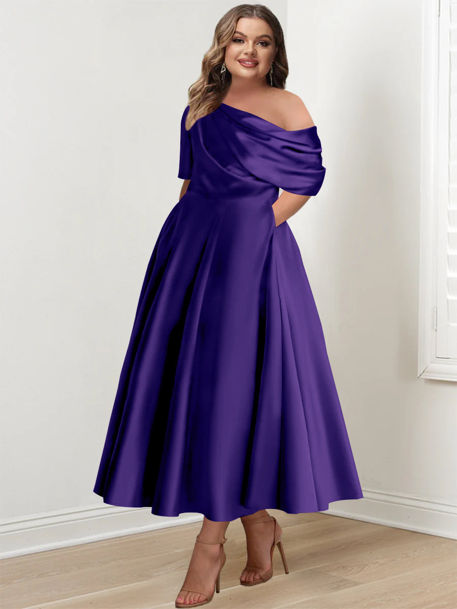 Plus Size A Line Ankle Length One Shoulder Mother of the Bride Dress with Ruffles and Half Sleeves