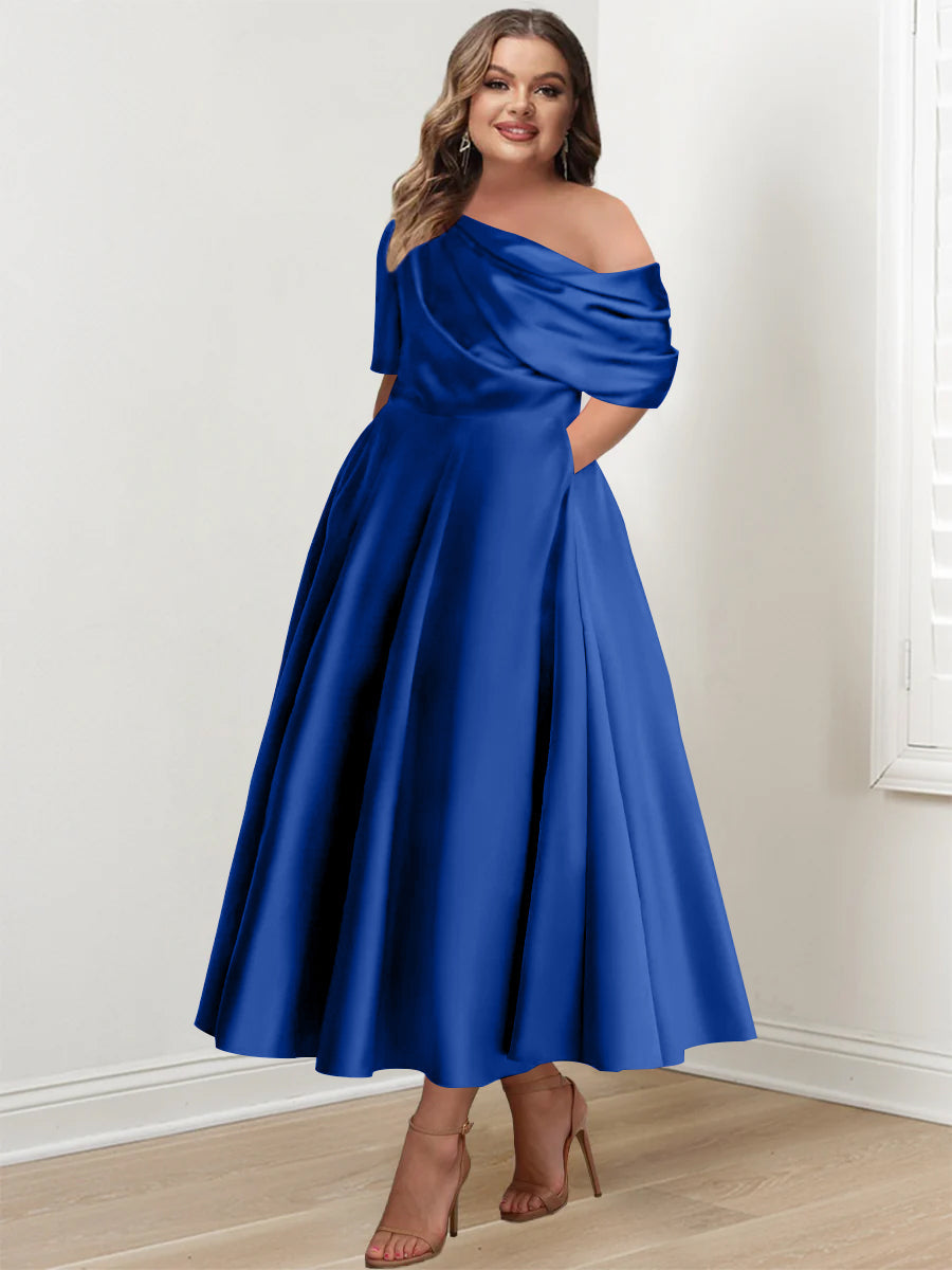 Plus Size A Line Ankle Length One Shoulder Mother of the Bride Dress with Ruffles and Half Sleeves