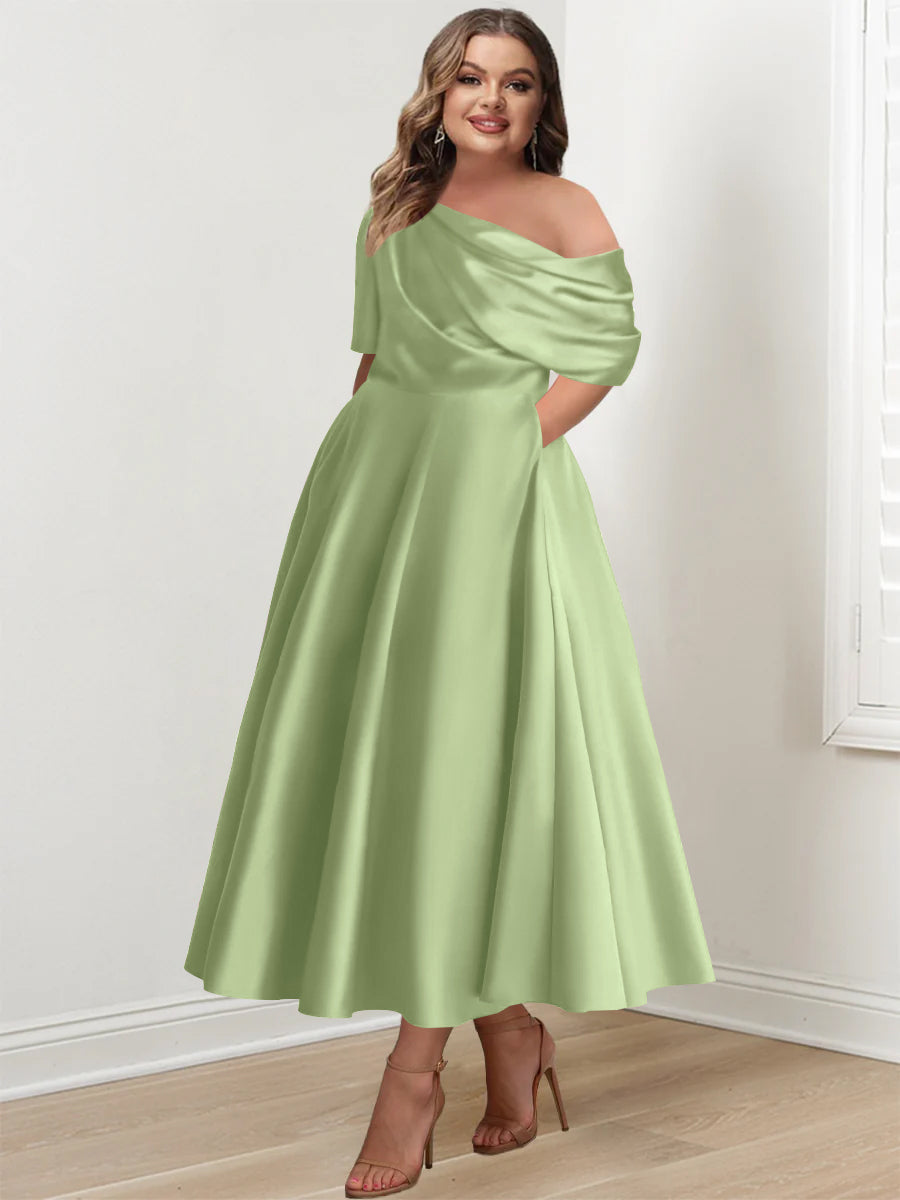 Plus Size A Line Ankle Length One Shoulder Mother of the Bride Dress with Ruffles and Half Sleeves