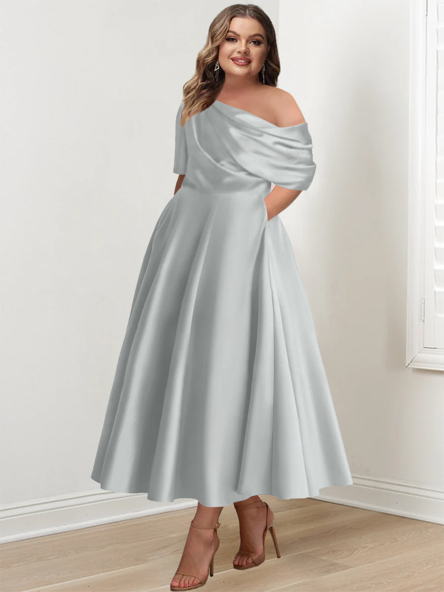 Plus Size A Line Ankle Length One Shoulder Mother of the Bride Dress with Ruffles and Half Sleeves