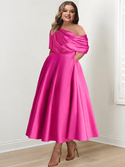 Plus Size A Line Ankle Length One Shoulder Mother of the Bride Dress with Ruffles and Half Sleeves