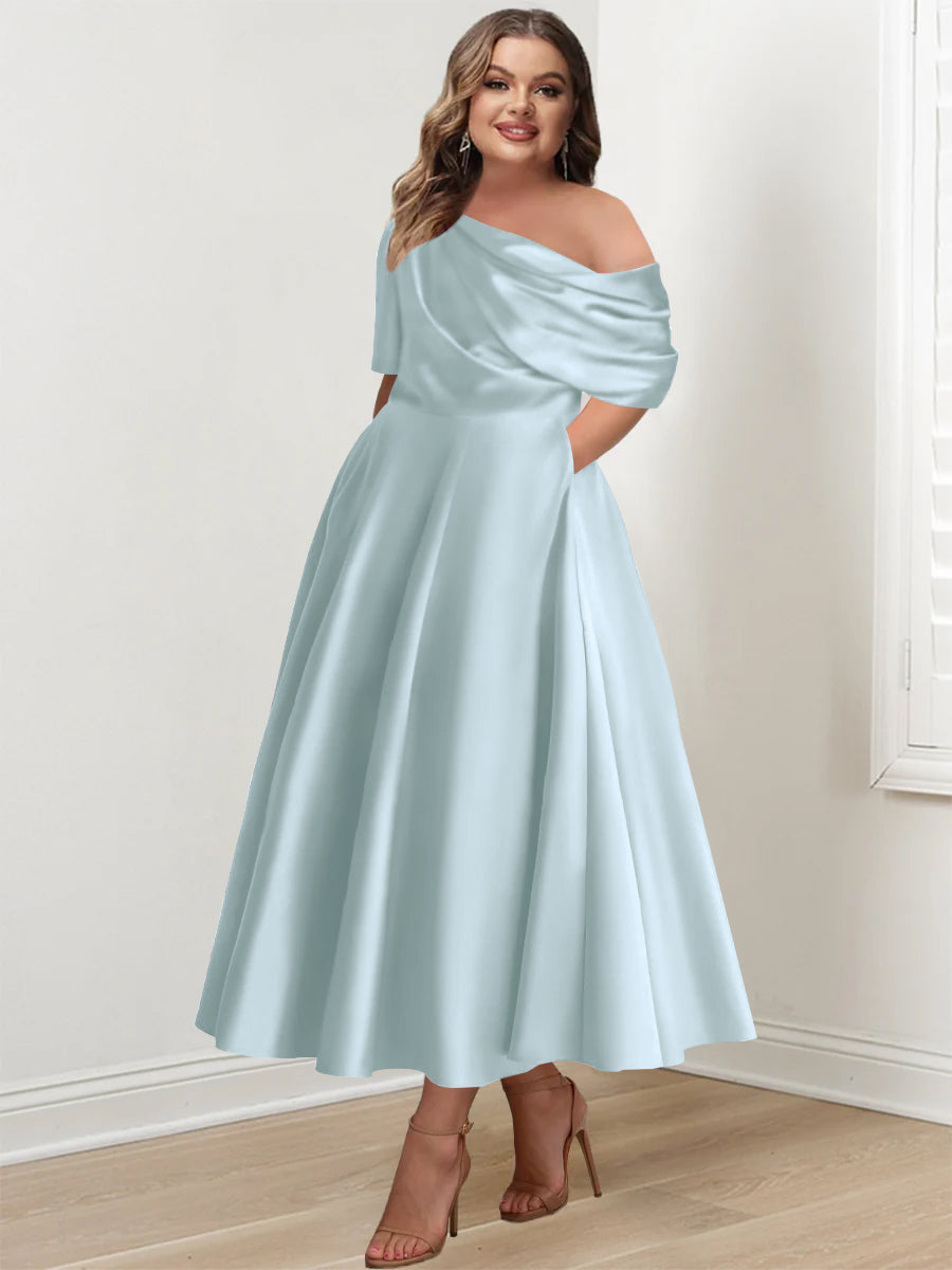 Plus Size A Line Ankle Length One Shoulder Mother of the Bride Dress with Ruffles and Half Sleeves