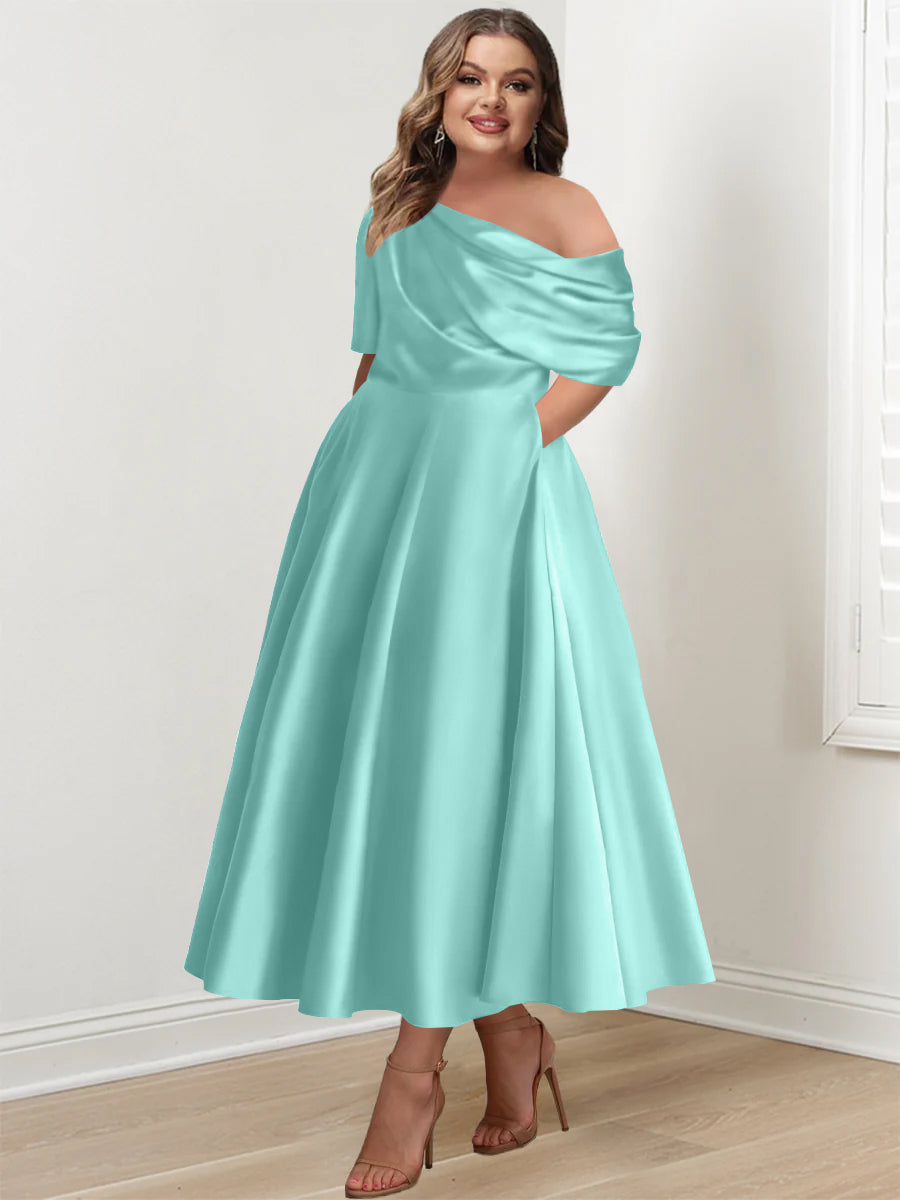 Plus Size A Line Ankle Length One Shoulder Mother of the Bride Dress with Ruffles and Half Sleeves
