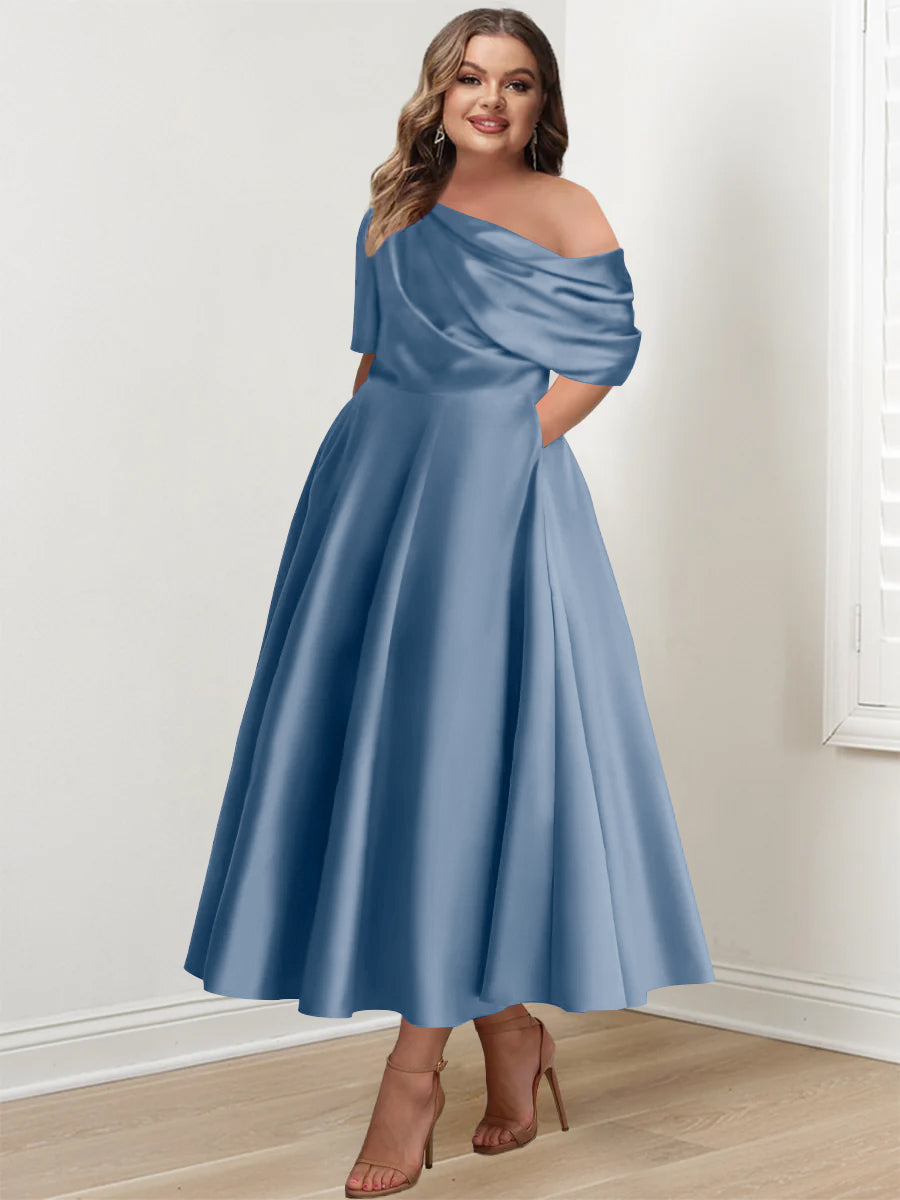 Plus Size A Line Ankle Length One Shoulder Mother of the Bride Dress with Ruffles and Half Sleeves