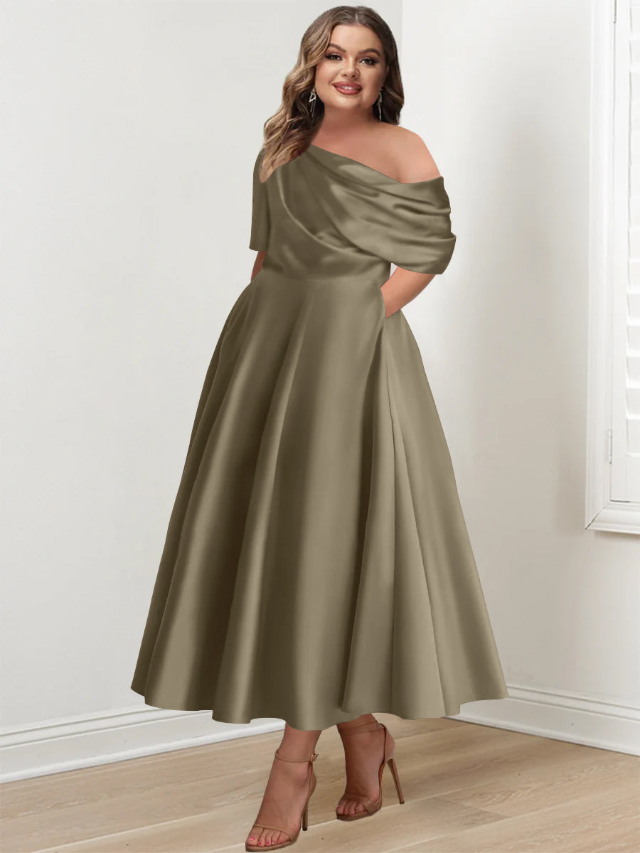 Plus Size A Line Ankle Length One Shoulder Mother of the Bride Dress with Ruffles and Half Sleeves