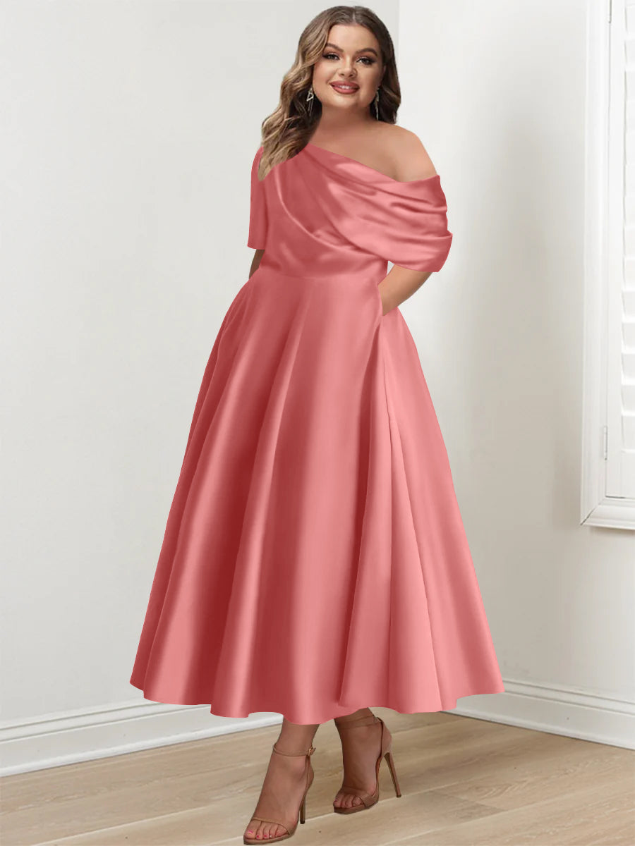 Plus Size A Line Ankle Length One Shoulder Mother of the Bride Dress with Ruffles and Half Sleeves